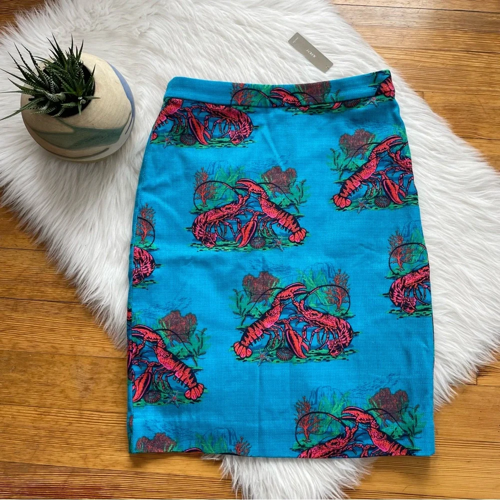 J. Crew Turquoise Blue Pencil Skirt with Coral Lobster Print